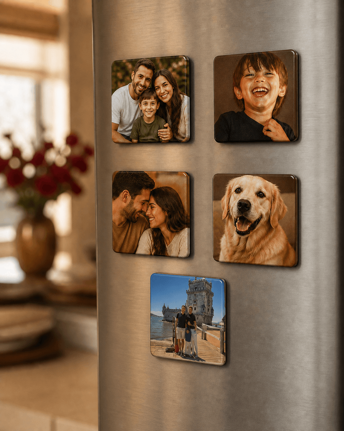 Ímãs personalizados com fotos em uma geladeira